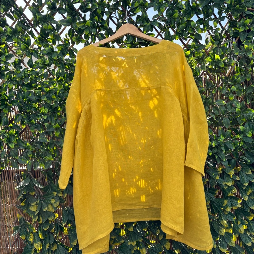 Banana Blue bright mustard yellow flowing linen top
